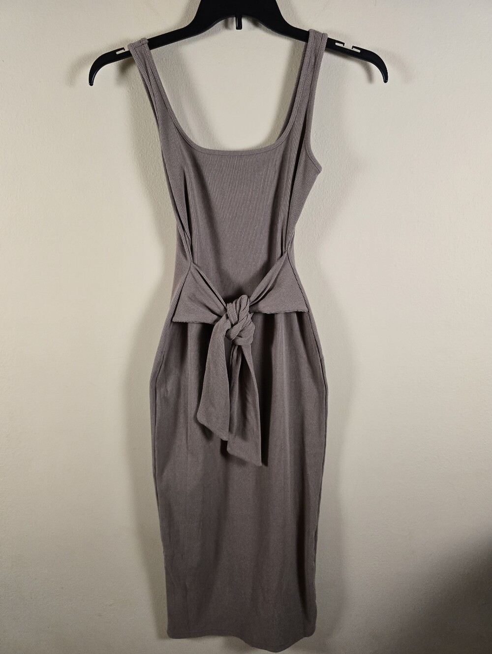 Lulus Optimistic Essence Taupe Ribbed Knit Tie-Front Midi Dress Size Small New
